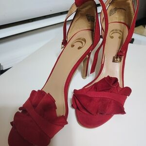 Red Ruffle Open-Toe Heels - Women
